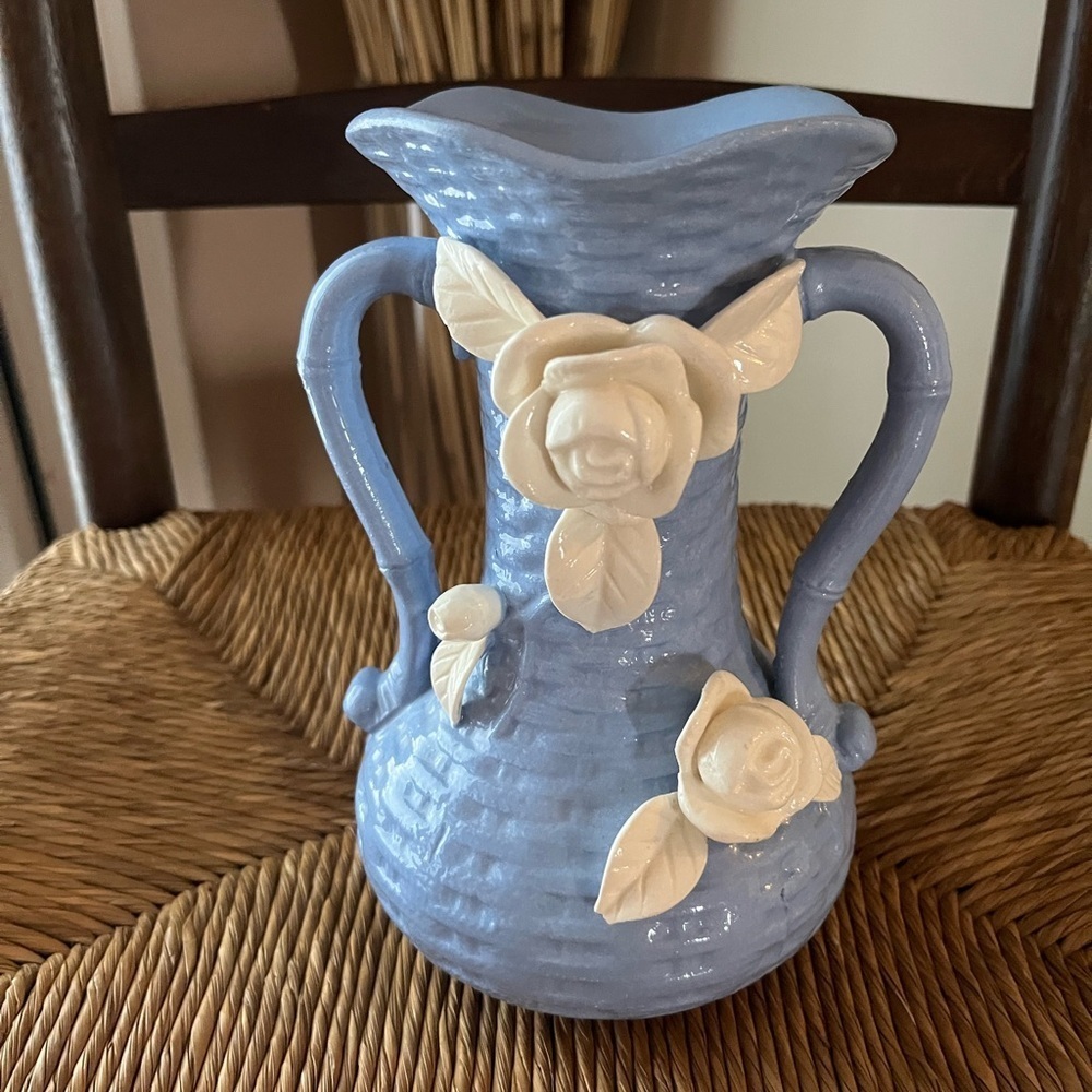 Vintage Moriyama Mori-Machi Vase Gorgeous Blue with White Flower Detailing Japan